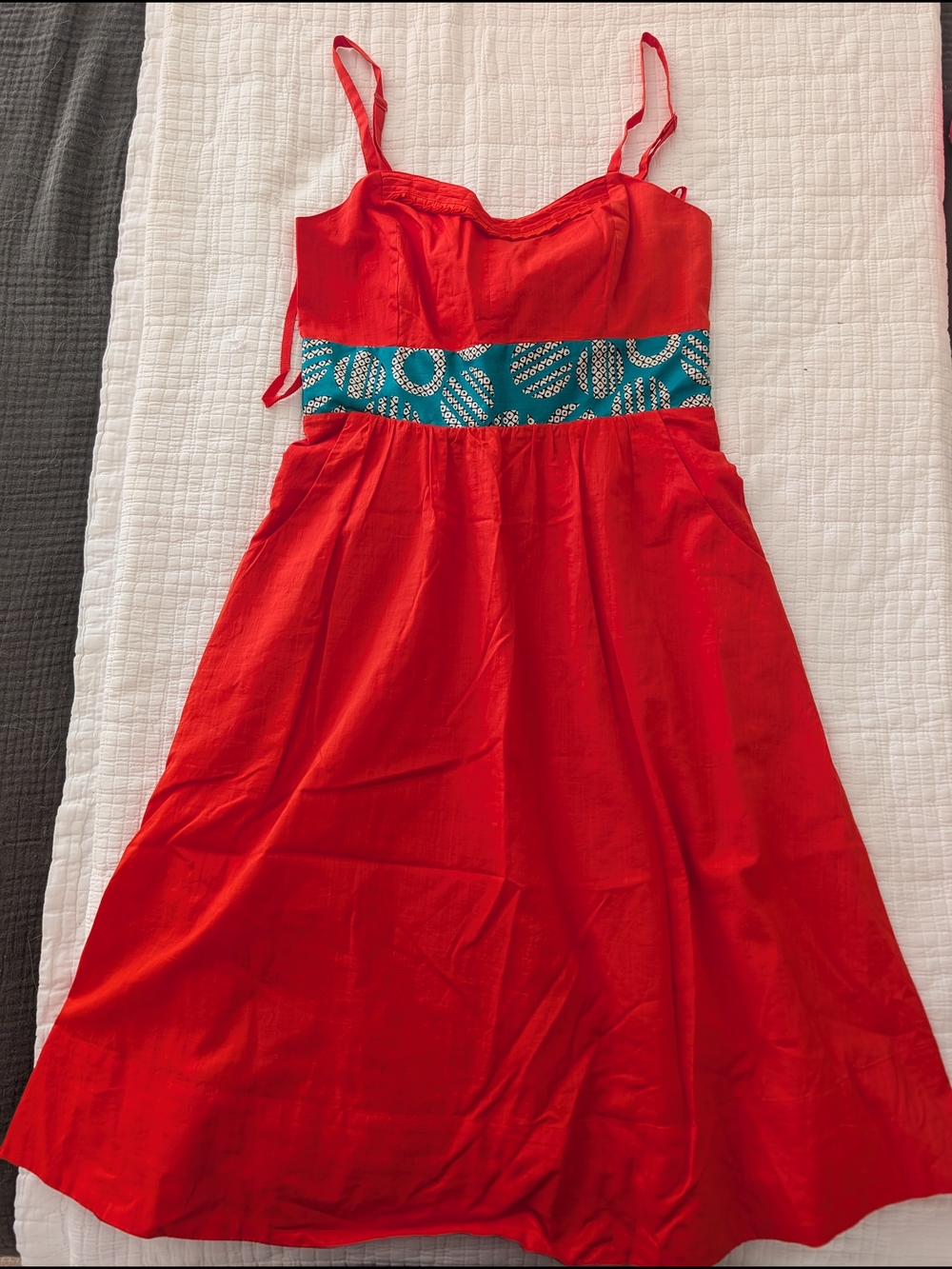 Anthropologie Red Midi Dress with Teal Patterned Waistband